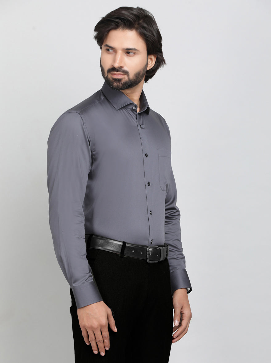 Dark Grey Solid Slim Fit Formal Shirt | Metal