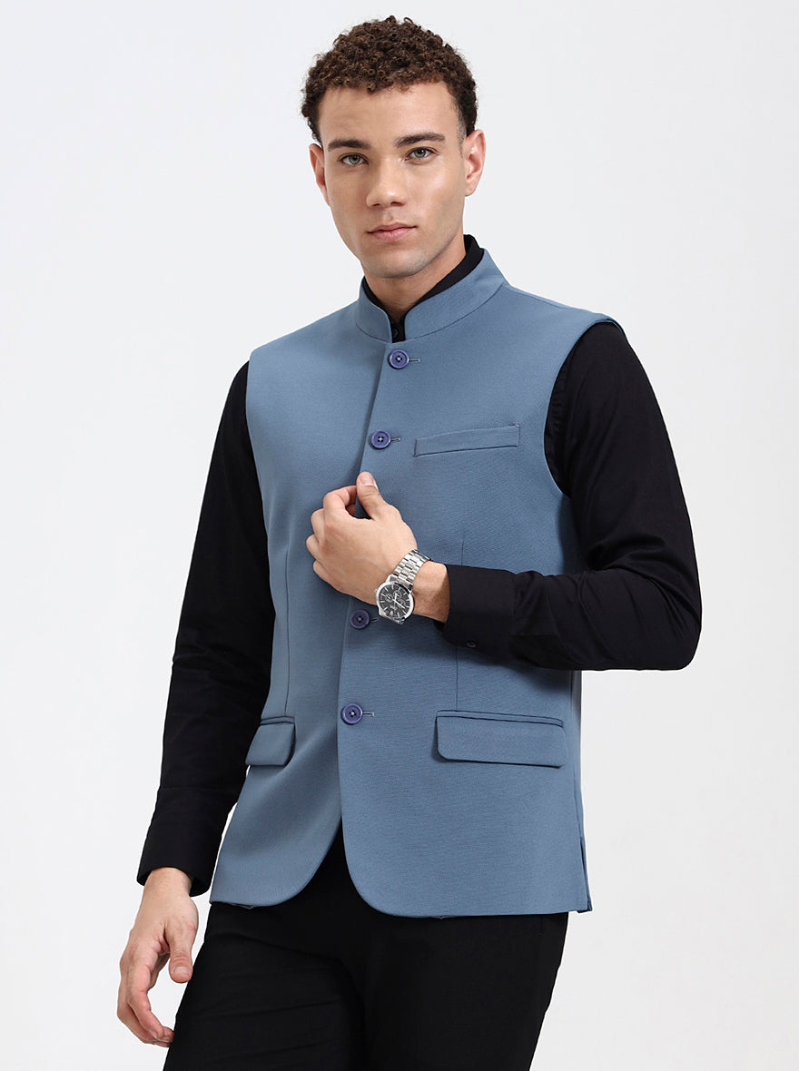 Blue Solid Regular Fit Waistcoat | Wyre