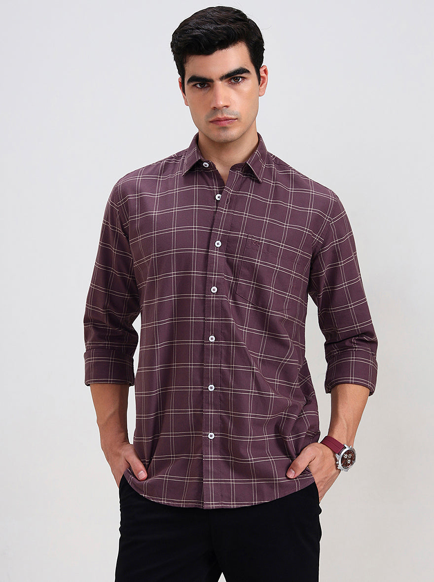 Chocolate Checked Tailored Fit Semi Casual Shirt | JadeBlue