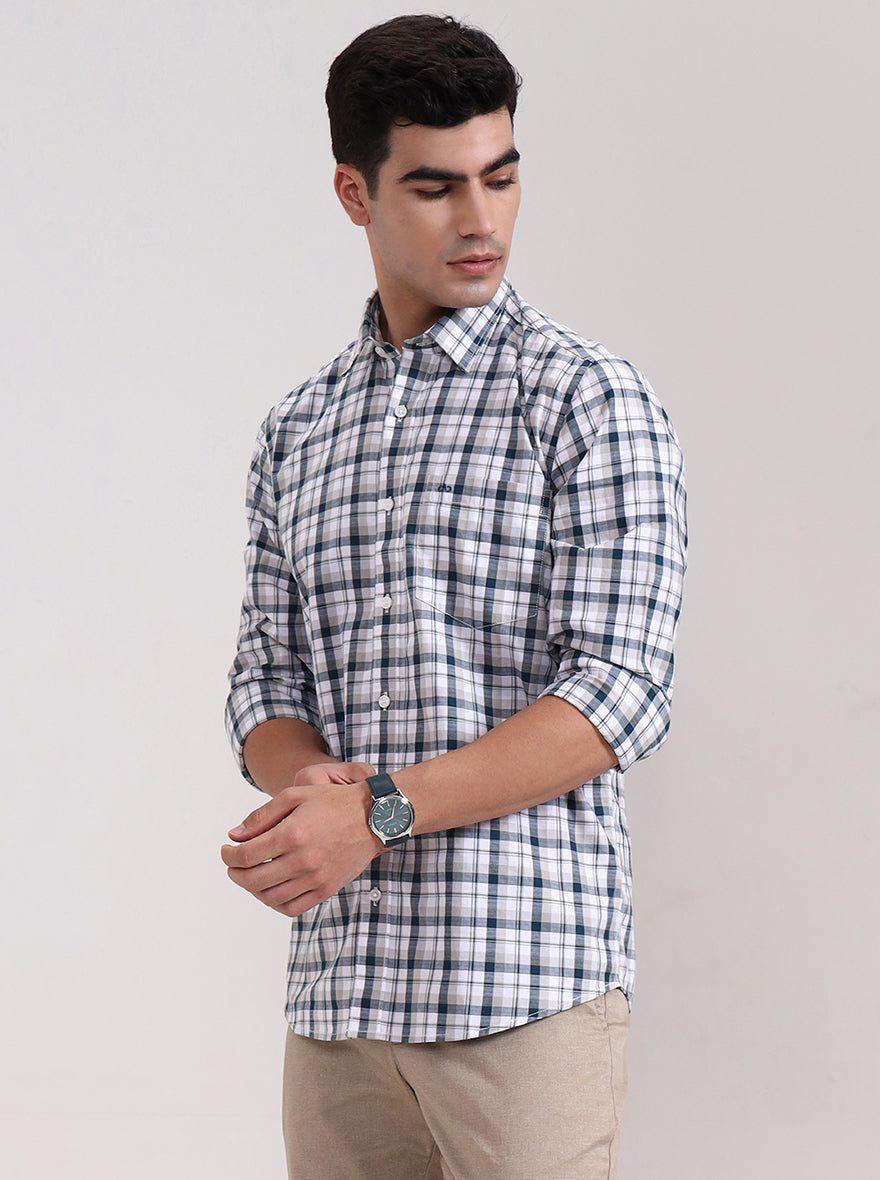 Teal Blue Checked Tailored Fit Semi Casual Shirt | JadeBlue