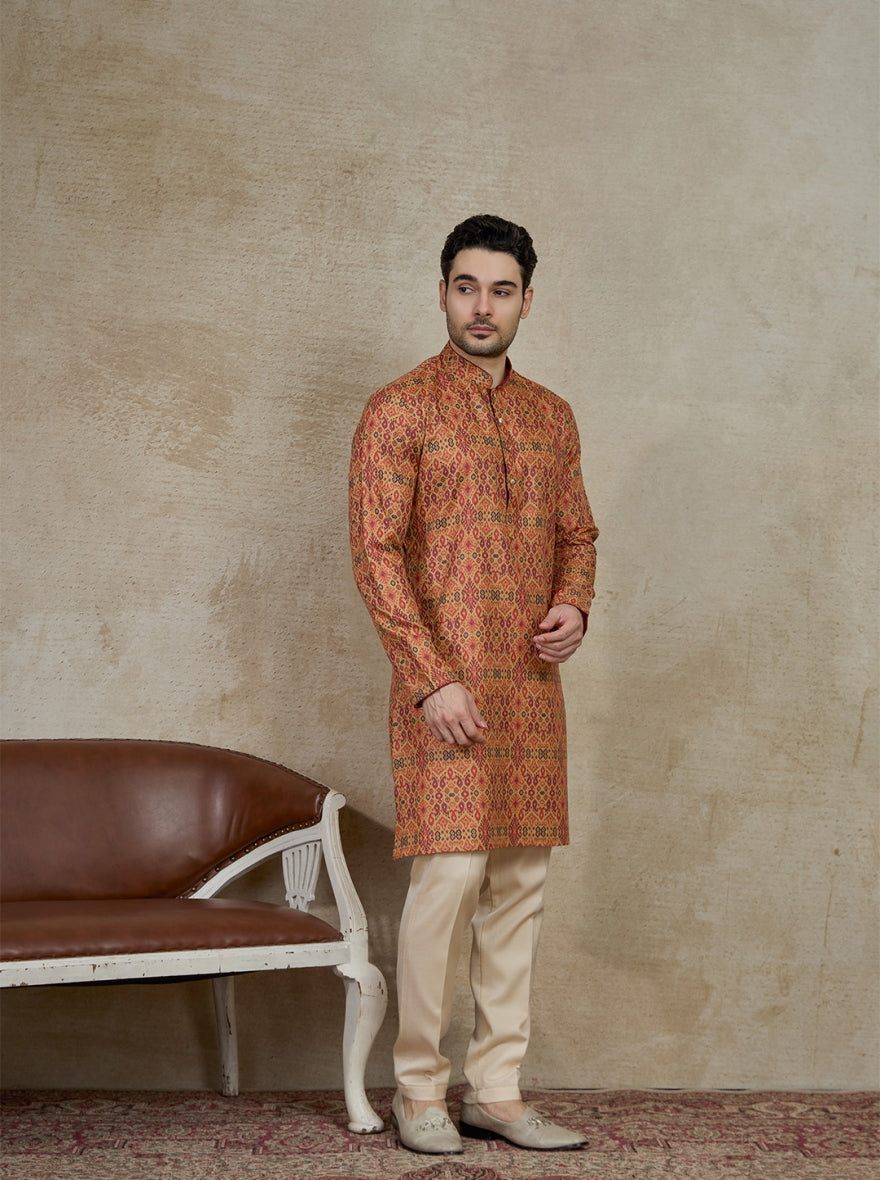 Beige & Maroon Printed Kurta | The Kurta Company