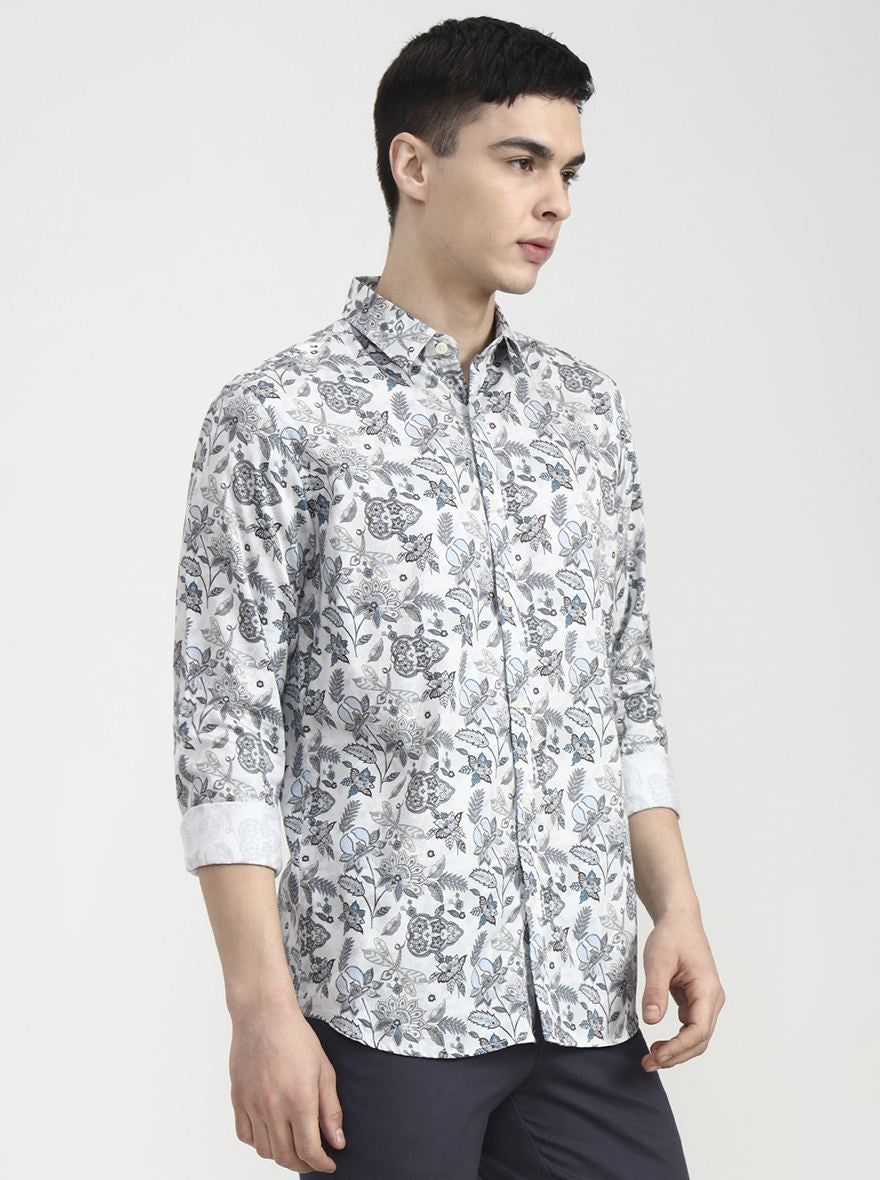 White & Blue Printed Slim Fit Casual Shirt | JadeBlue