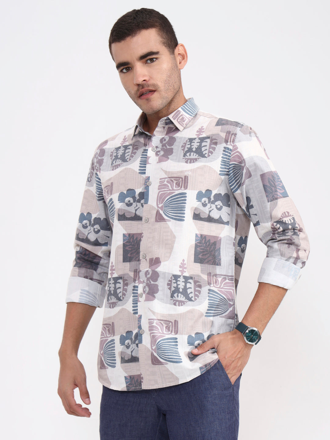 Beige Printed Slim Fit Casual Shirt | JadeBlue