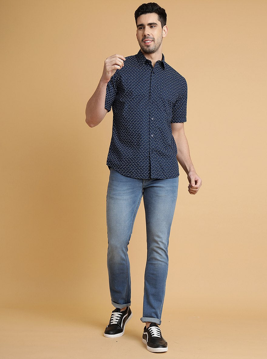 Navy Blue Printed Slim Fit Semi Casual Shirt | JadeBlue