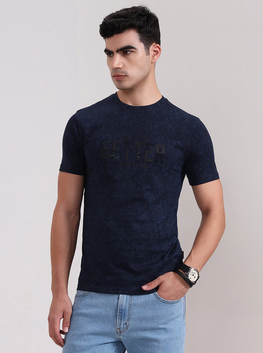 Navy Blue Printed Slim Fit T-Shirt | JadeBlue