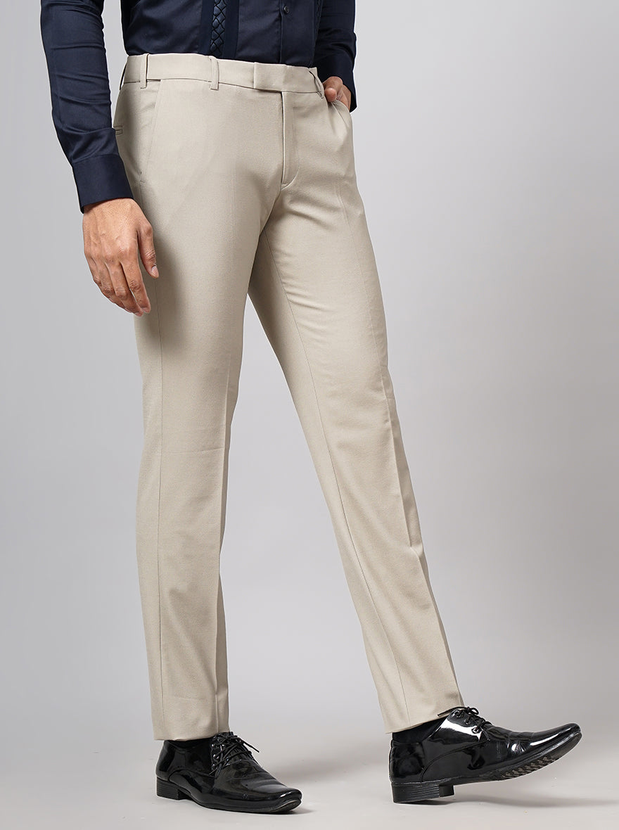 Beige Solid Slim Fit Formal Trouser | Metal