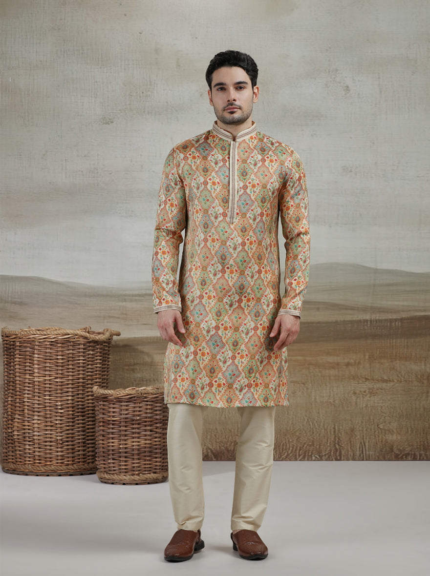 Yellow & Beige Printed Kurta Pajama | Virasana