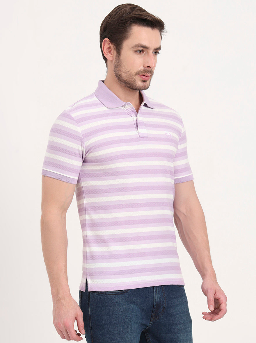 White & Lavender Striped Slim Fit Polo T-Shirt | Greenfibre