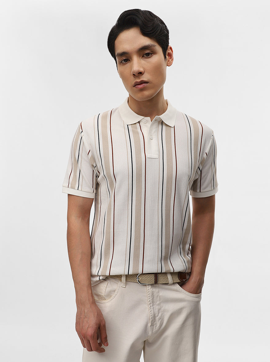 Khaki & White Striped Slim Fit Polo T-Shirt | Greenfibre