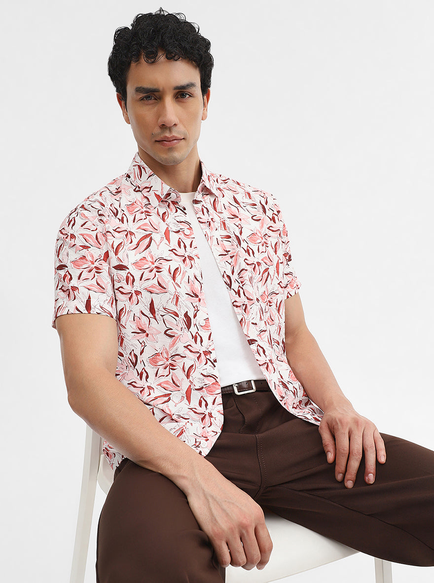 Peach Printed Slim Fit Casual Shirt | JadeBlue