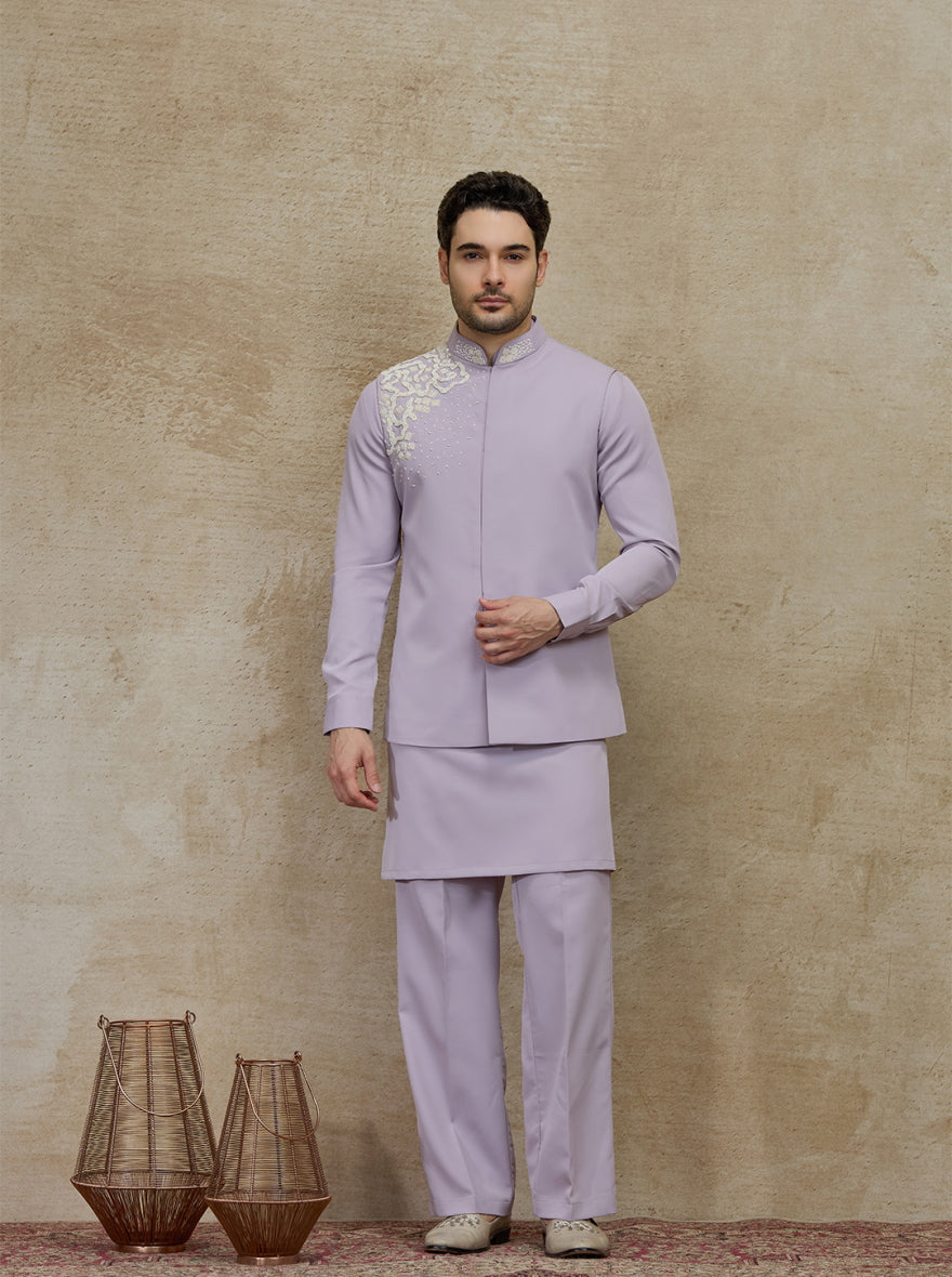 Purple Lilac Embroidered Kurta Pajama with Koti | TULA