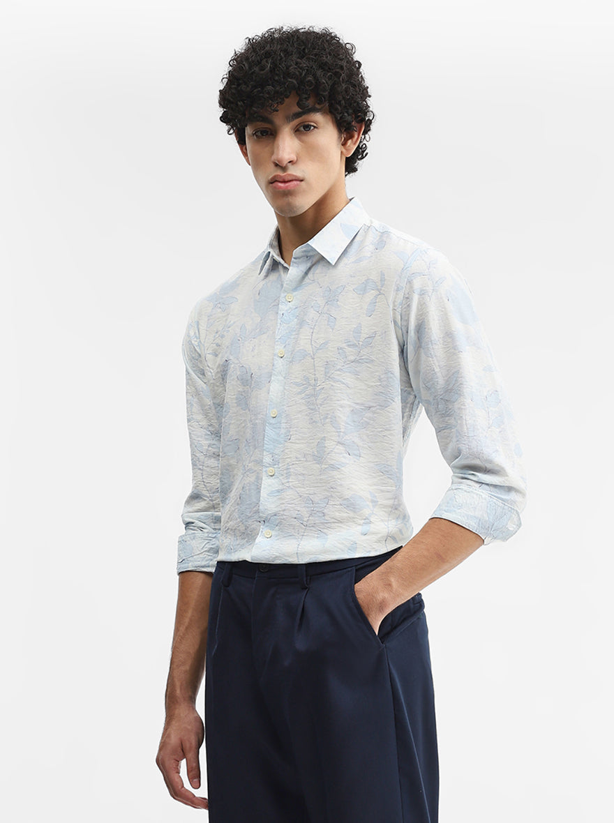 Blue & White Printed Slim Fit Casual Shirt | JadeBlue