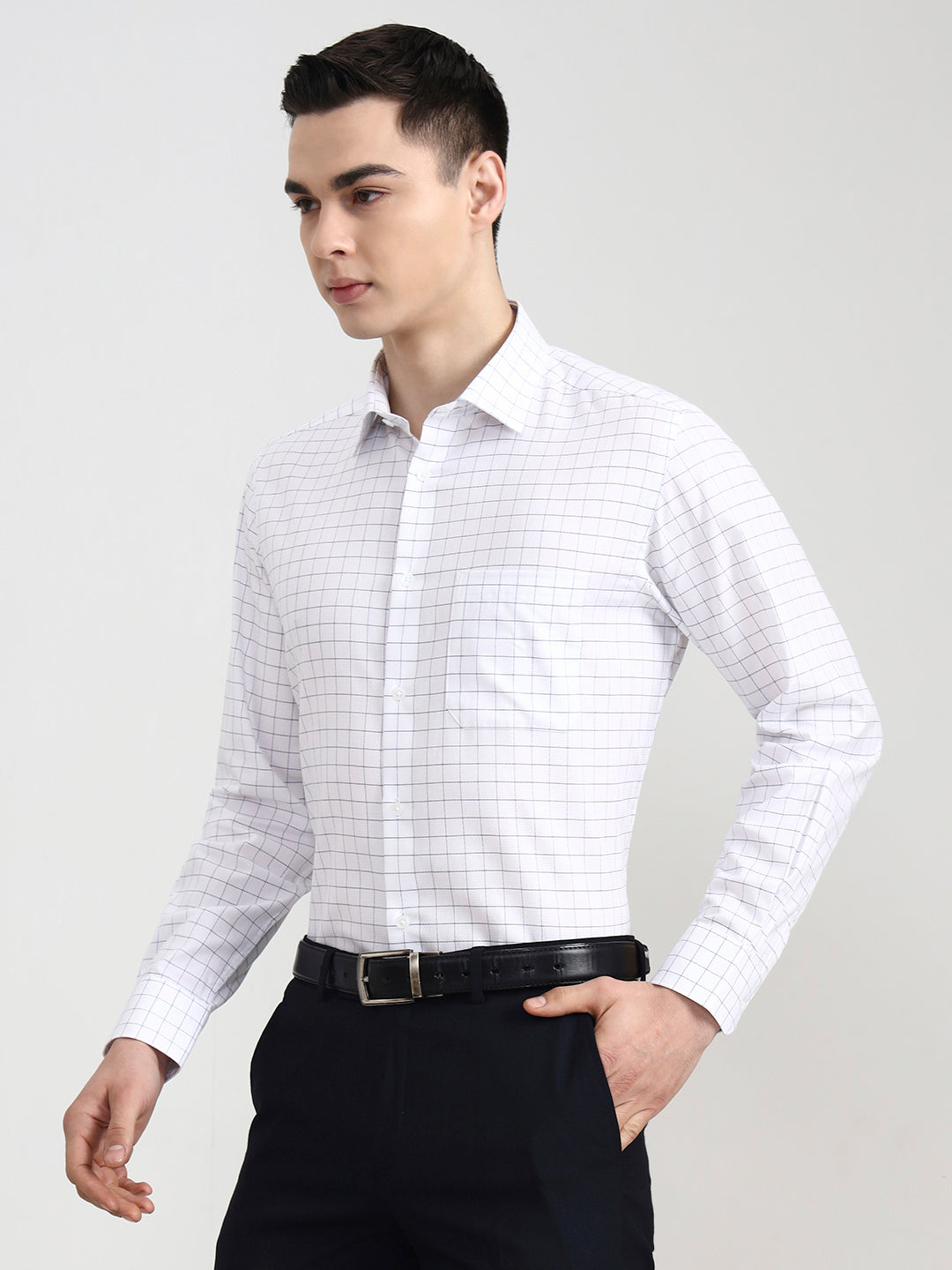 White & Blue Checked Regular Fit Formal Shirt | JadeBlue