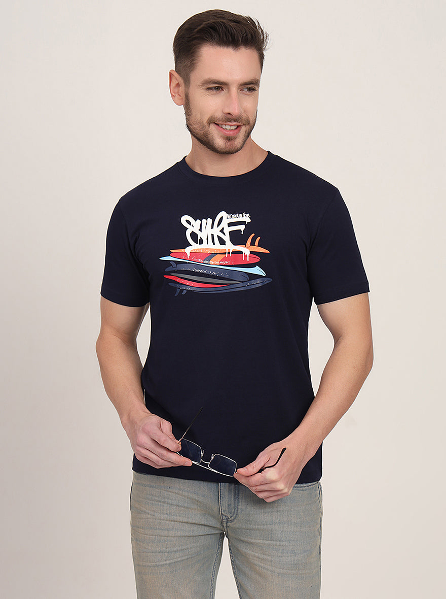 Navy Blue Printed Slim Fit T-Shirt | JadeBlue