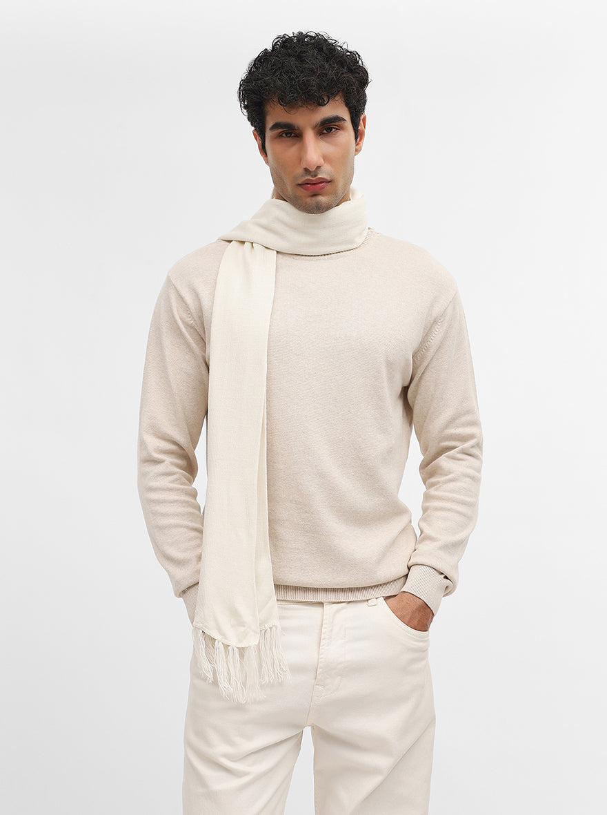 Beige Solid Slim Fit Winter T-Shirt | JadeBlue