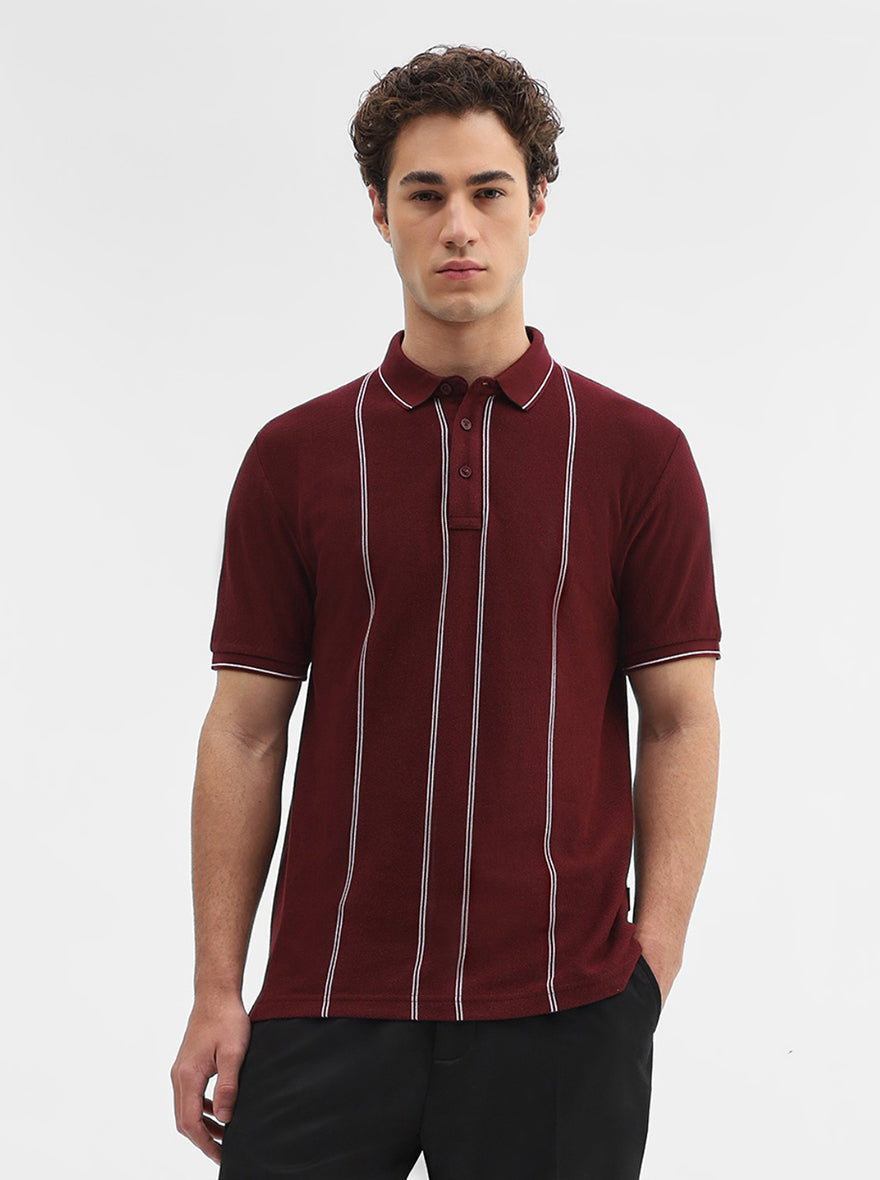 Maroon Striped Slim Fit Polo T-Shirt | JadeBlue