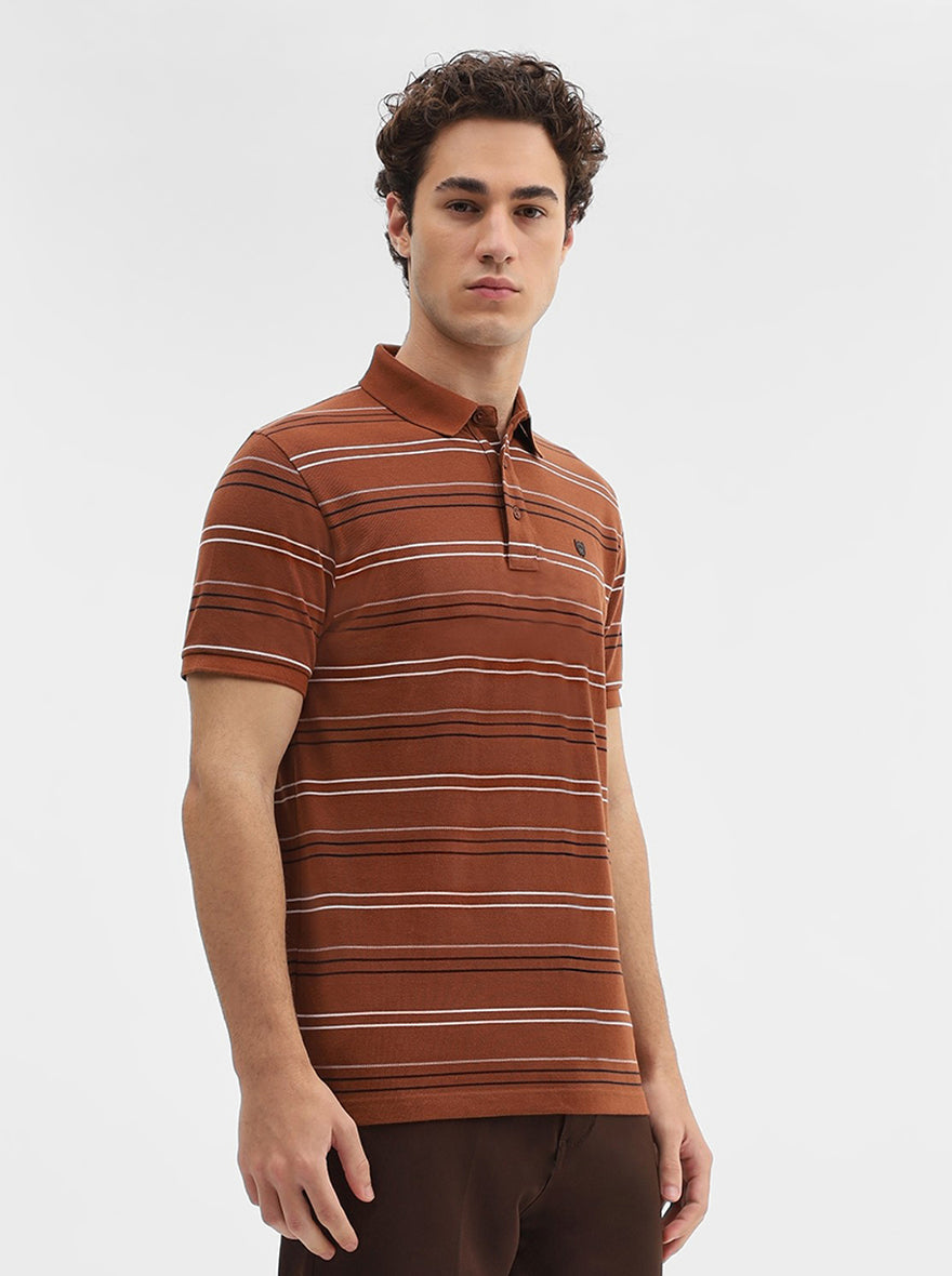 Brick Red Striped Slim Fit Polo T-Shirt | JadeBlue