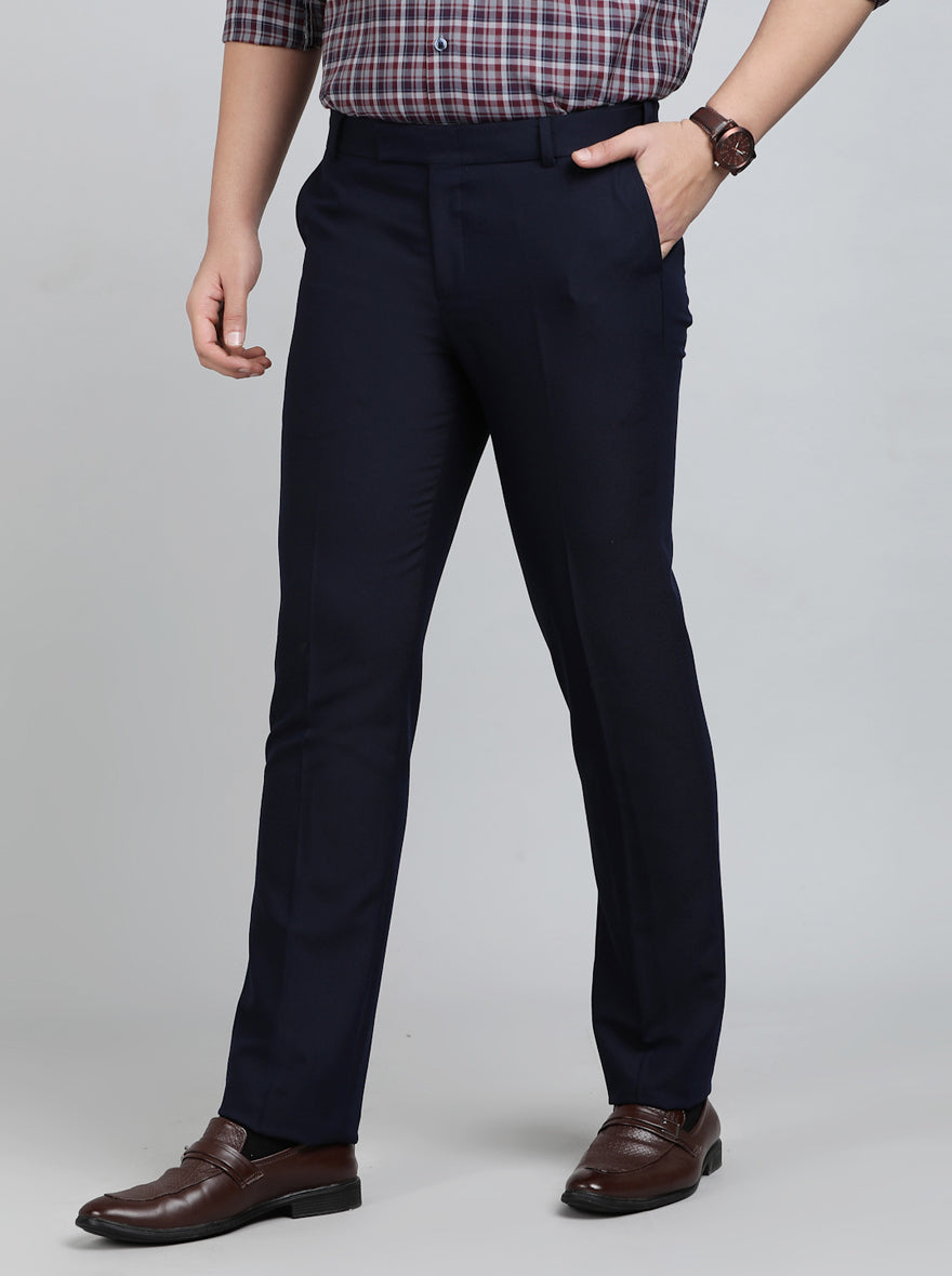 Navy Blue Solid Slim Fit Formal Trouser | Metal
