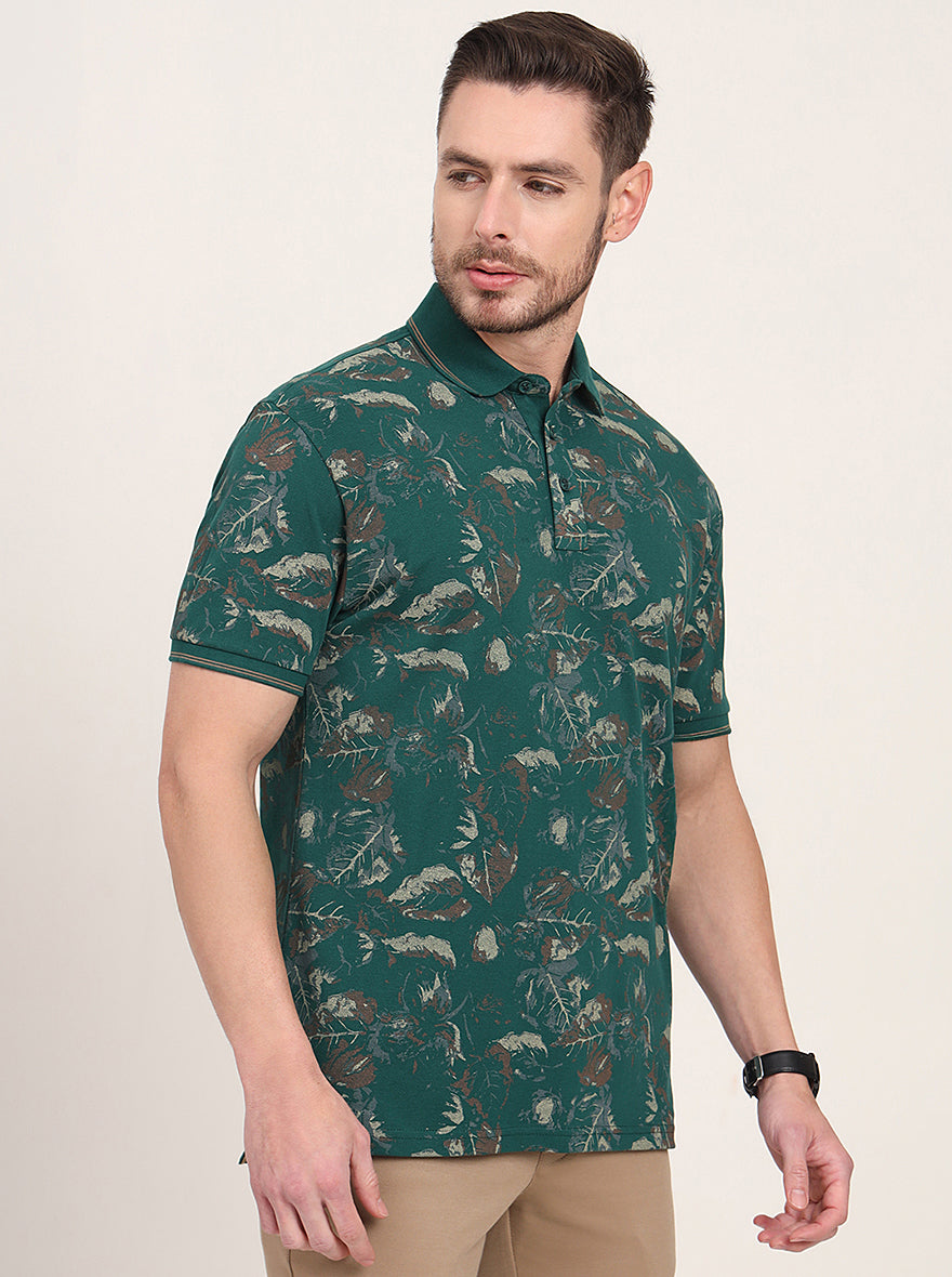 Bottol Green Printed Slim Fit Polo T-Shirt | JadeBlue