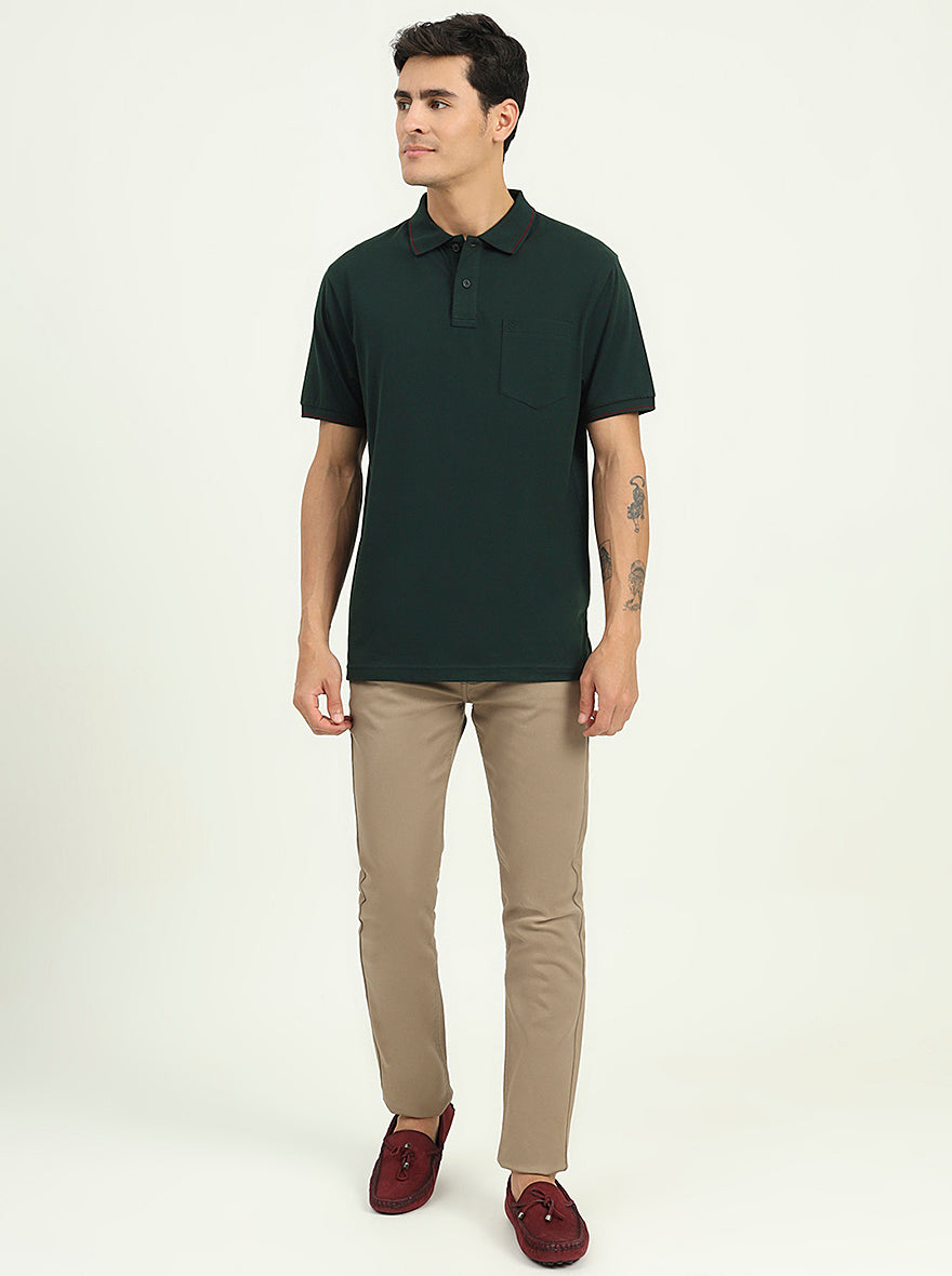 Bottle Green Solid Slim Fit Polo T-Shirt | Greenfibre