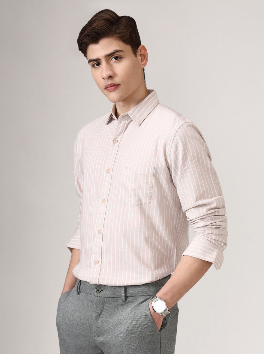 Beige Striped Slim Fit Casual Shirt | JadeBlue