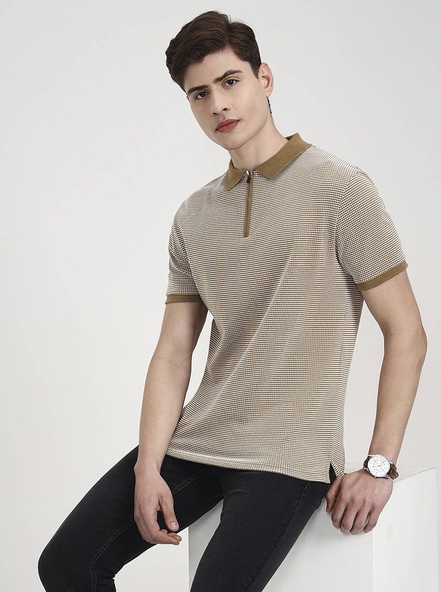 Khaki & White Checked Slim Fit Polo T-Shirt | Greenfibre