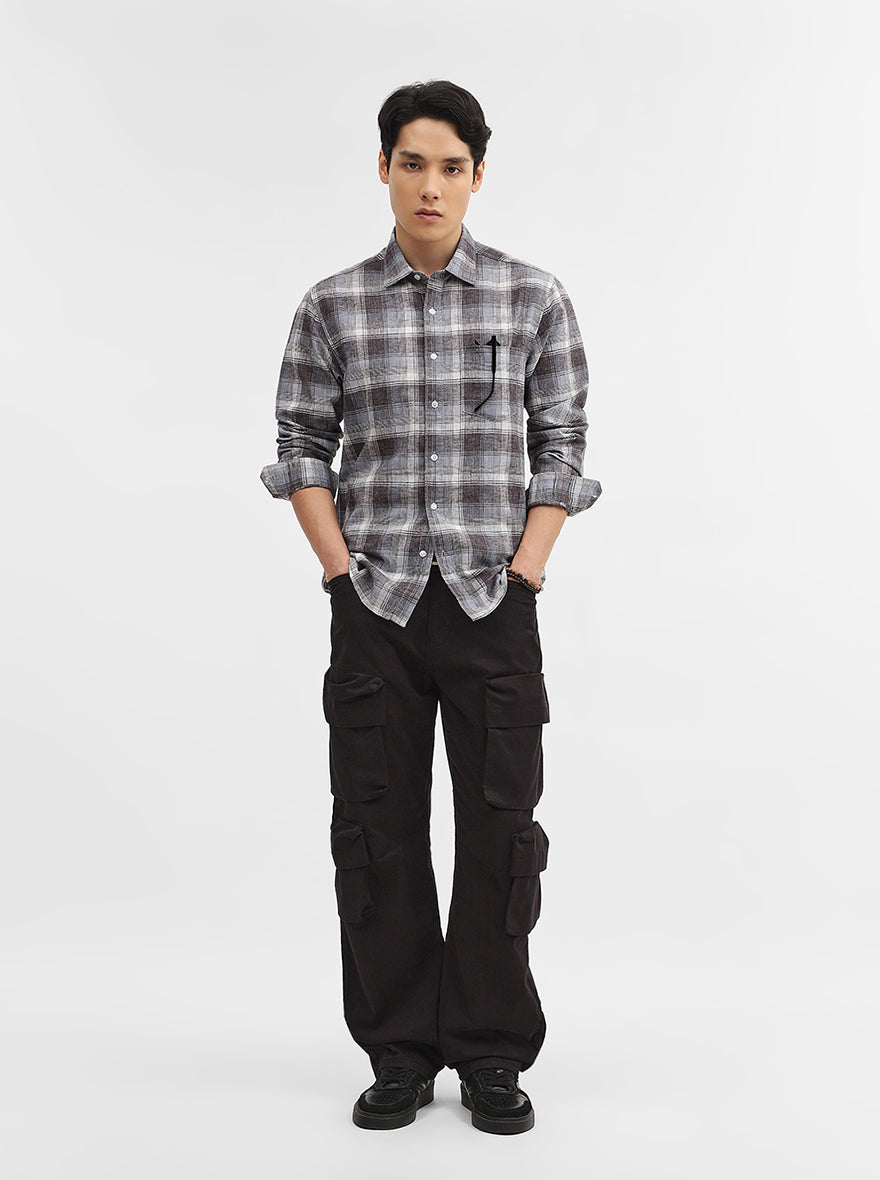 Dark Grey Checked Slim Fit Casual Shirt | Greenfibre