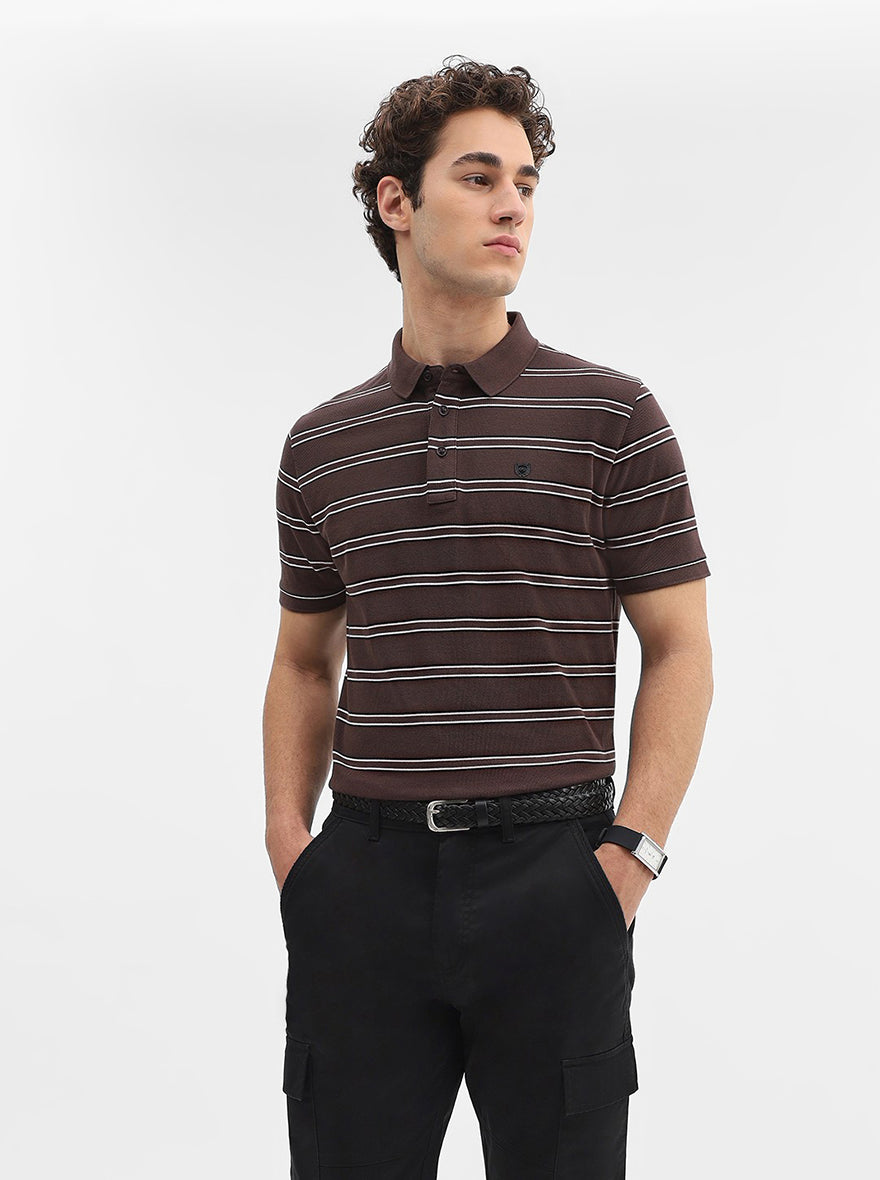 Brown & Black Striped Slim Fit Polo T-Shirt | JadeBlue