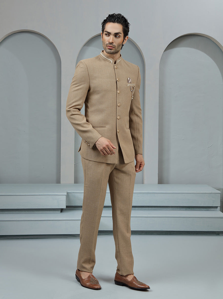 Khaki Self Textured Jodhpuri Suit | JadeBlue