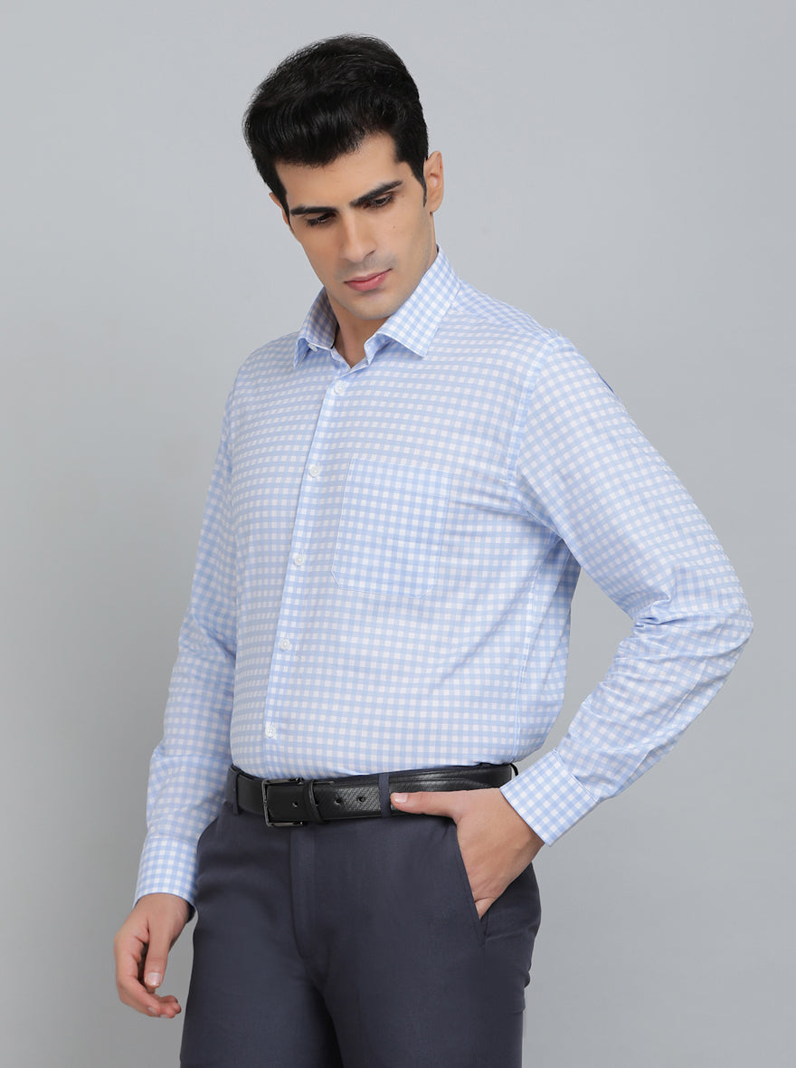 Light Blue Checked Regular Fit Formal Shirt | JadeBlue