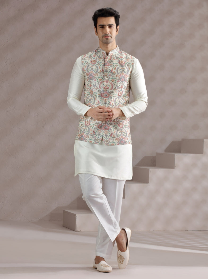 Ivory Printed Bandhgala Jacket | Virasana