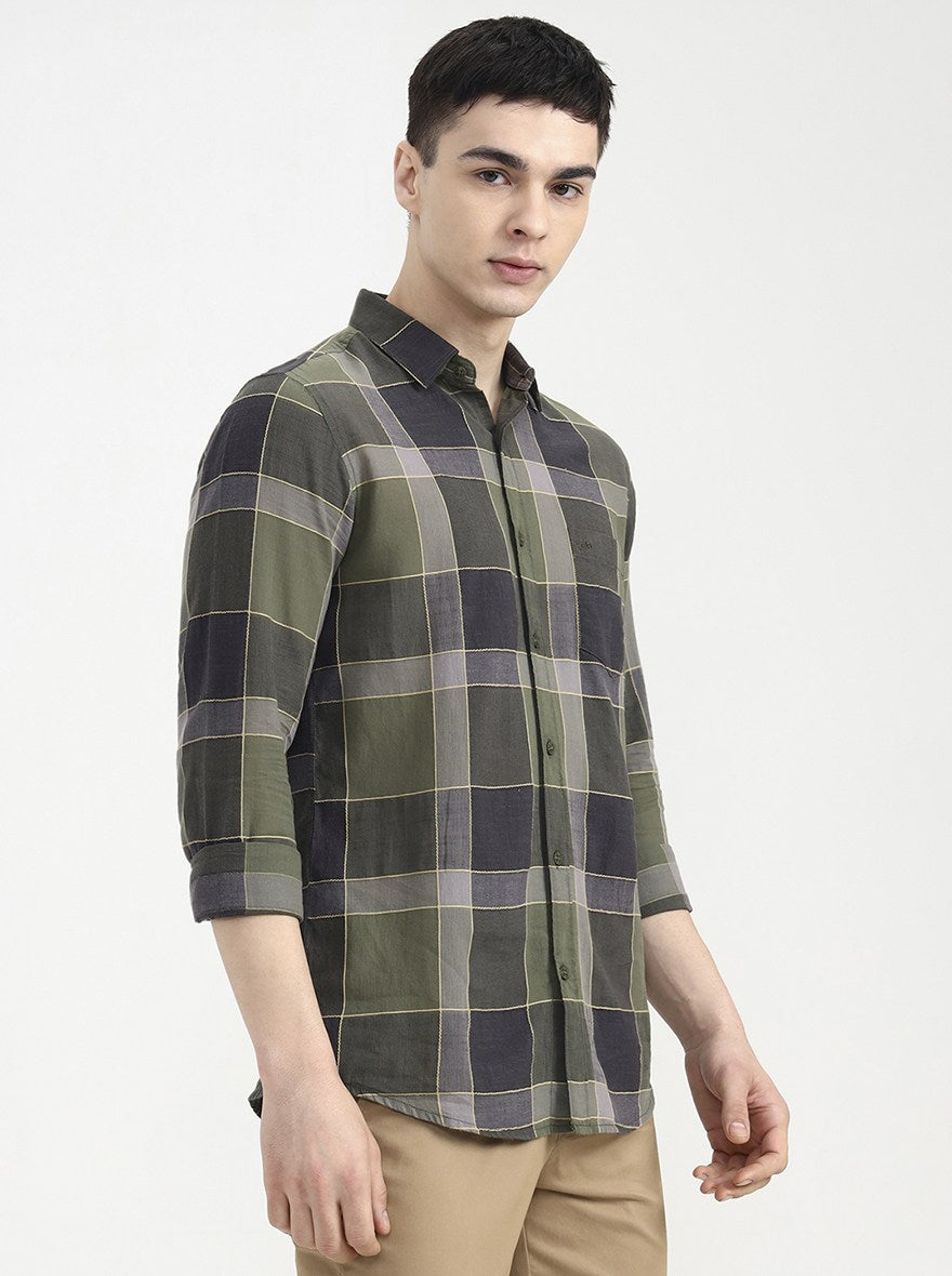 Green Checked Slim Fit Casual Shirt | JadeBlue