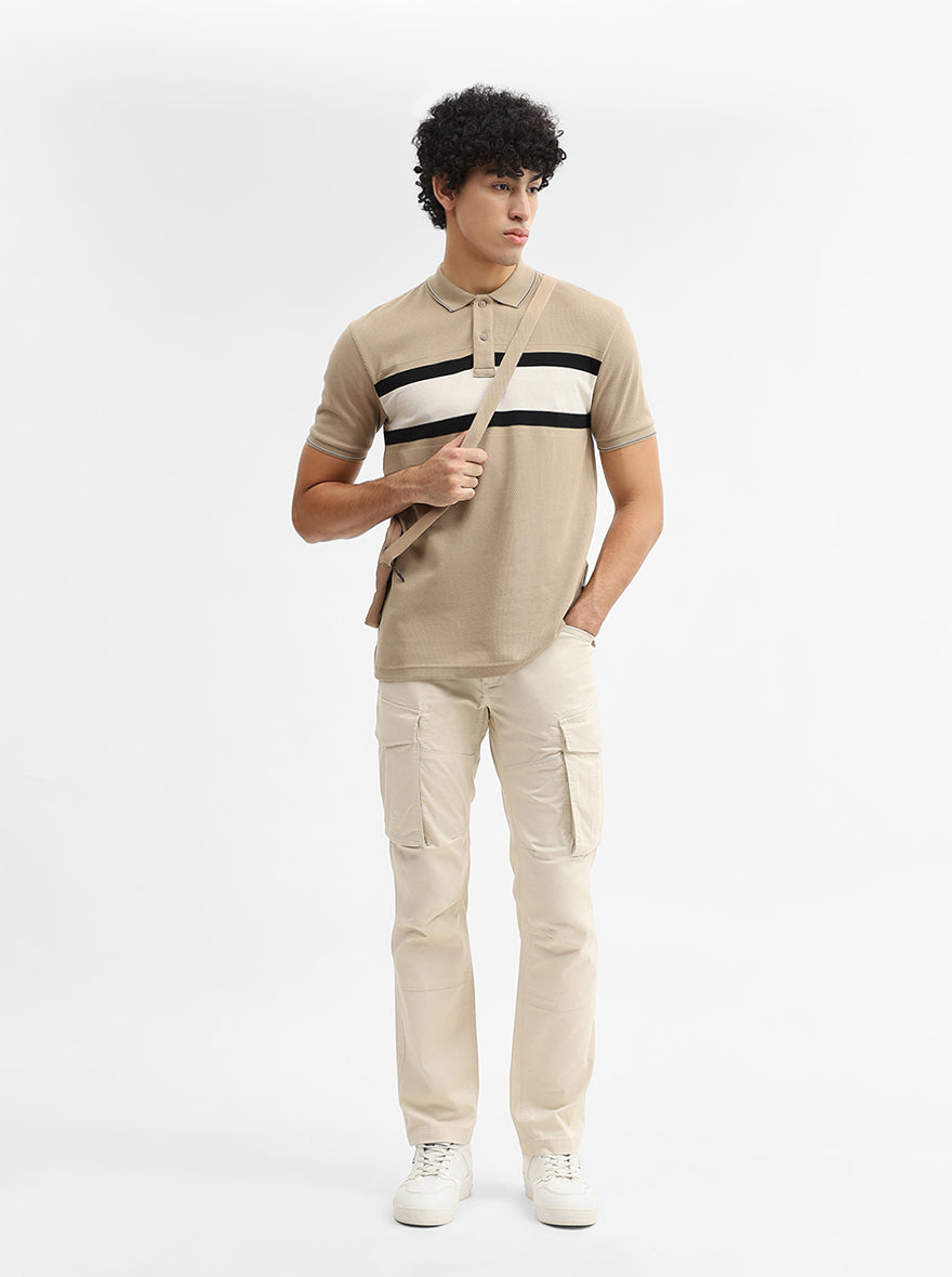 Khaki & Grey Striped Slim Fit Polo T-Shirt | Greenfibre