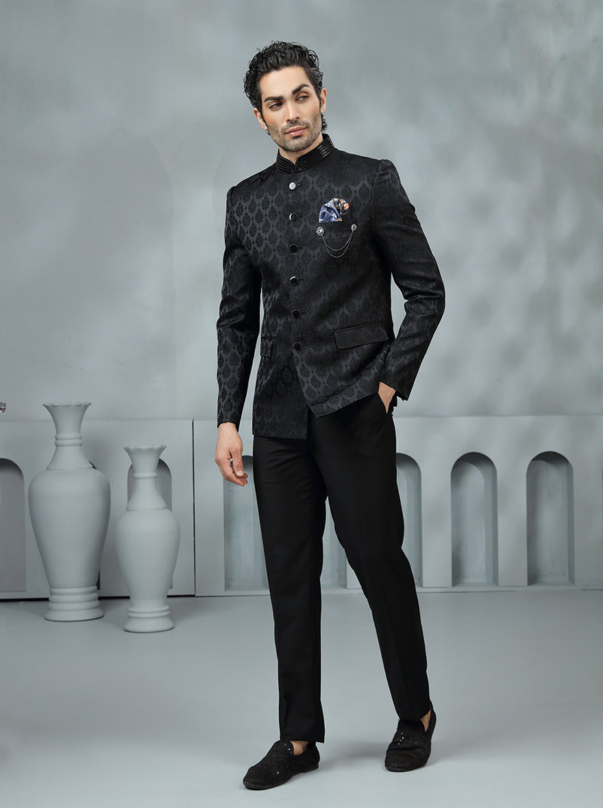 Black Self Design Jodhpuri Suit | JadeBlue
