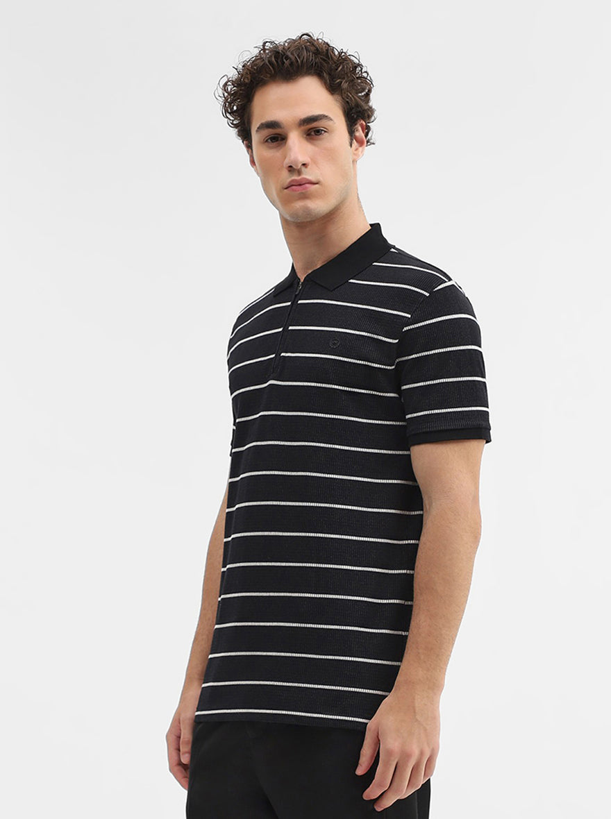 Black Striped Slim Fit Polo T-Shirt | JadeBlue