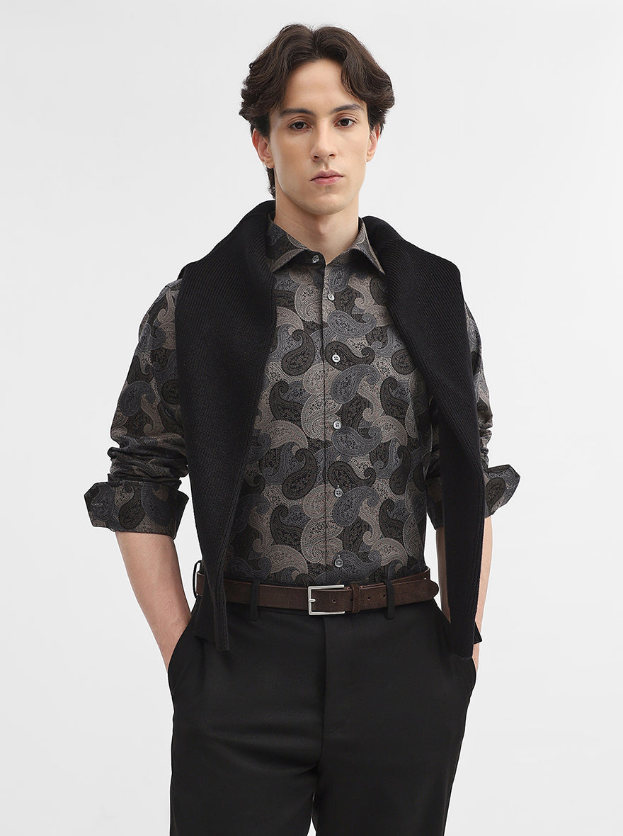 Black & Grey Jacquard Slim Fit Formal Shirt | JadeBlue Super Luxe