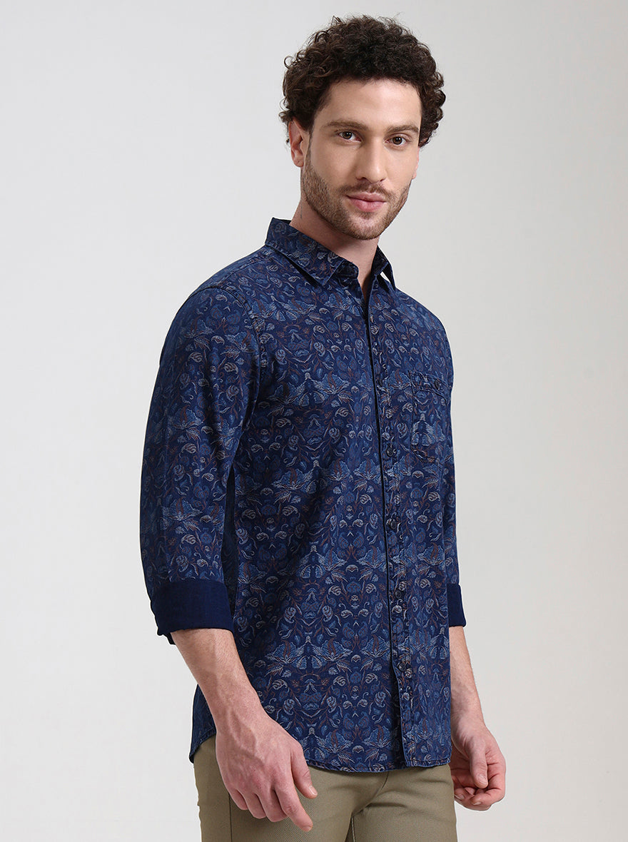 Navy Blue Printed Slim Fit Casual Shirt | JadeBlue