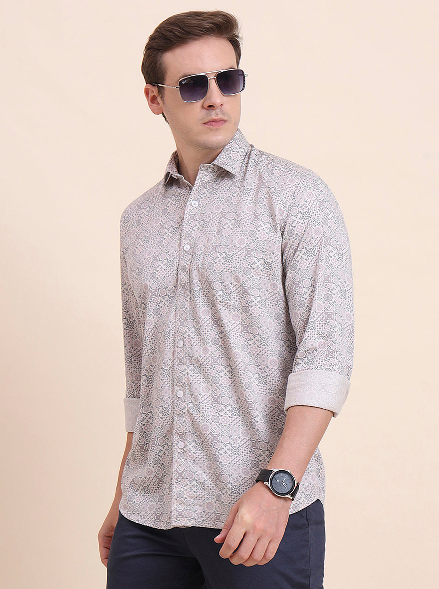 Pink Printed Tailored Fit Semi Casual Shirt | JadeBlue
