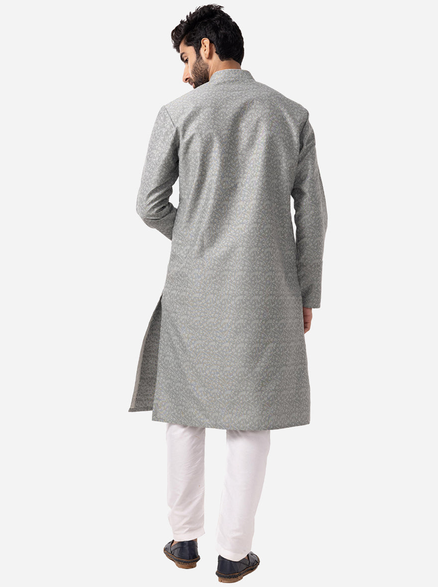 Grey Printed Cotton Silk Blend Kurta | The Kurta Company