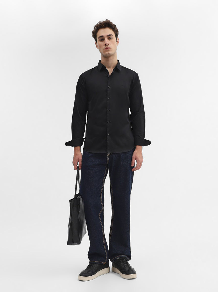 Black Solid Slim Fit Casual Shirt | Greenfibre