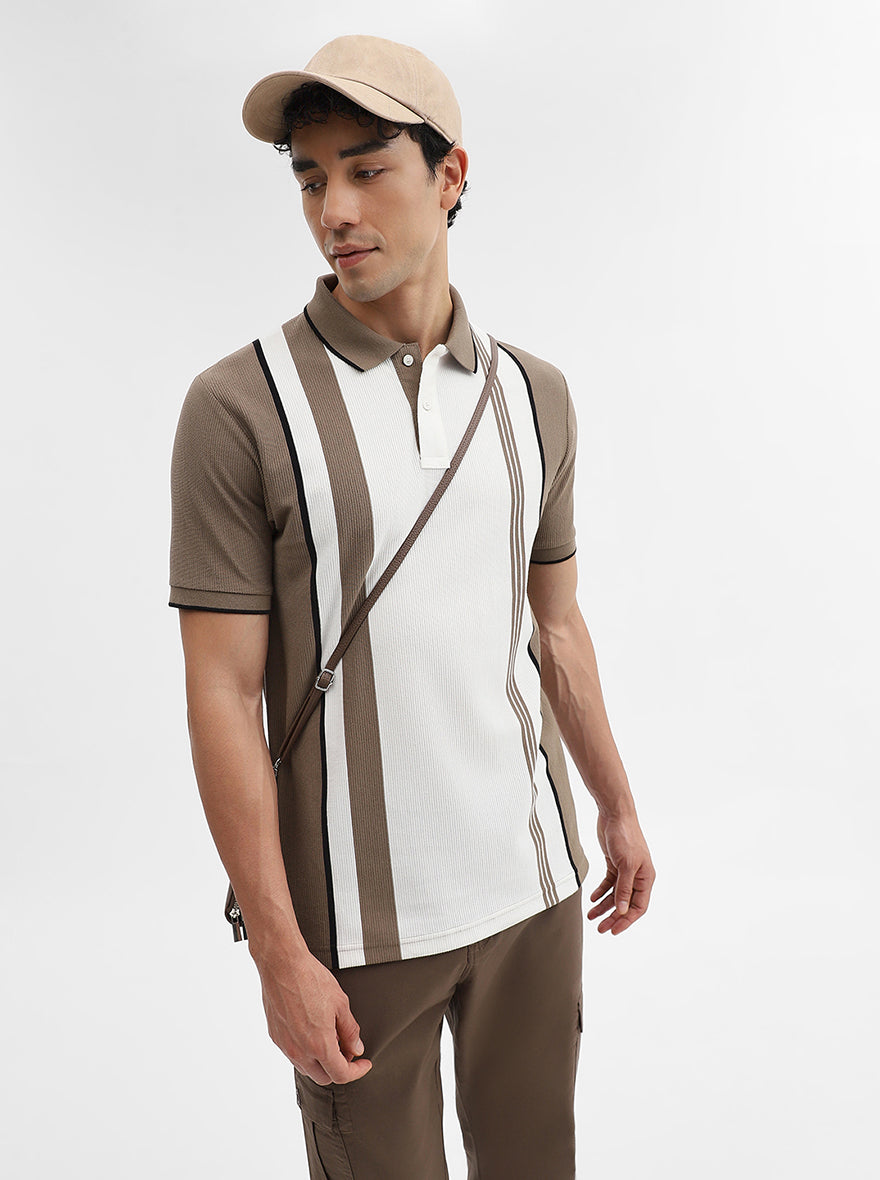 Mouse & White Striped Slim Fit Polo T-Shirt | Greenfibre