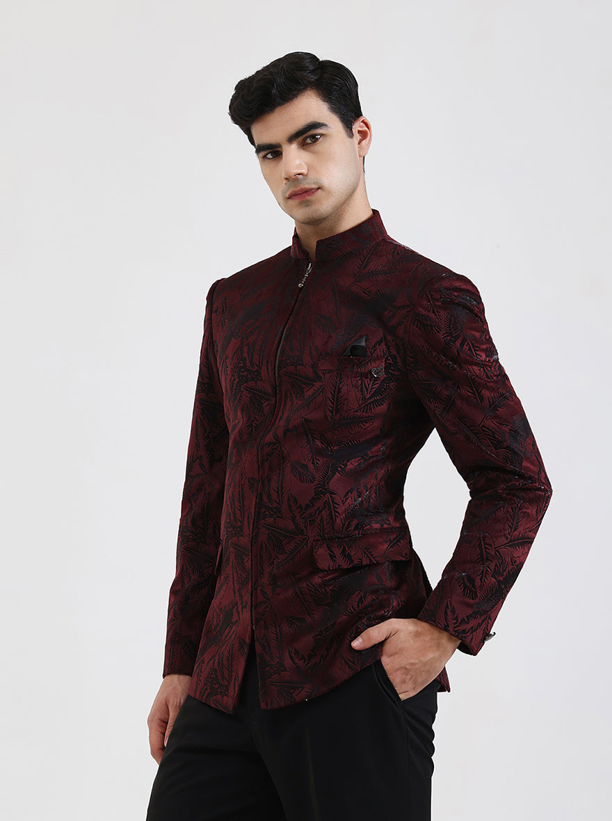 Maroon Printed Regular Fit Blazer | JB Studio