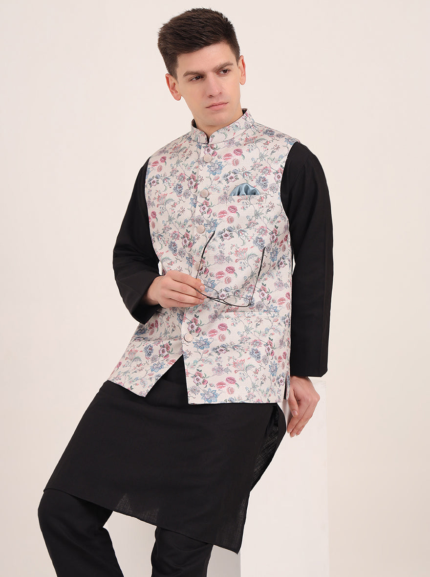 Cream Printed Regular Fit Bandhgala Jacket | JB Studio