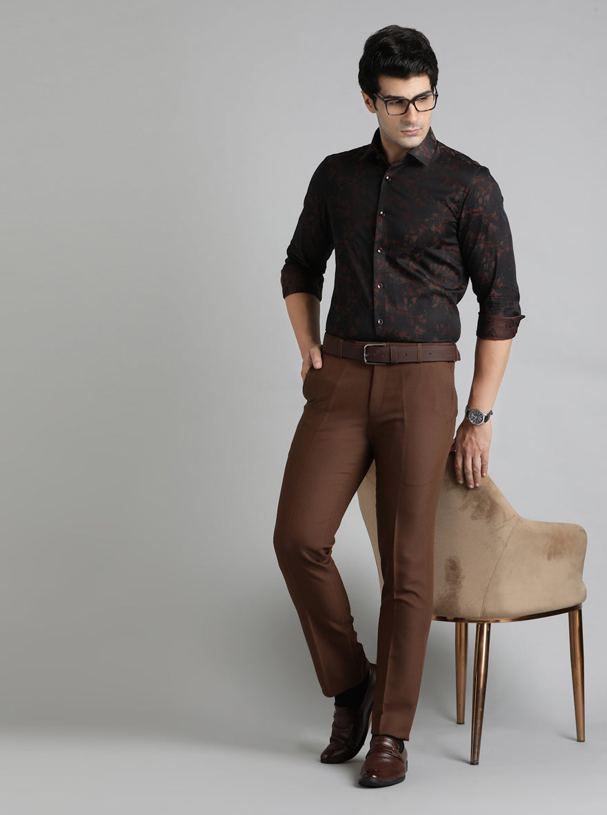 Brown Solid Slim Fit Formal Trouser | Metal