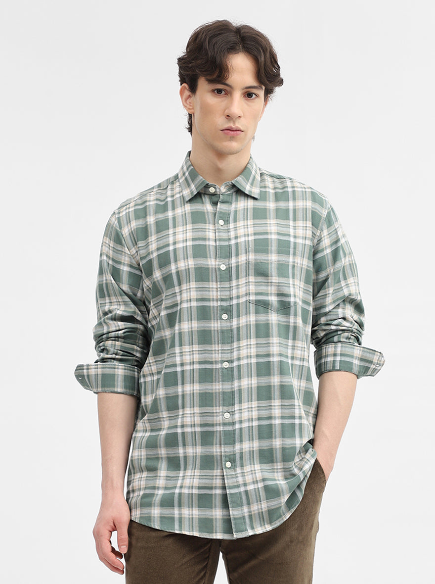 Green Checked Slim Fit Casual Shirt | JadeBlue