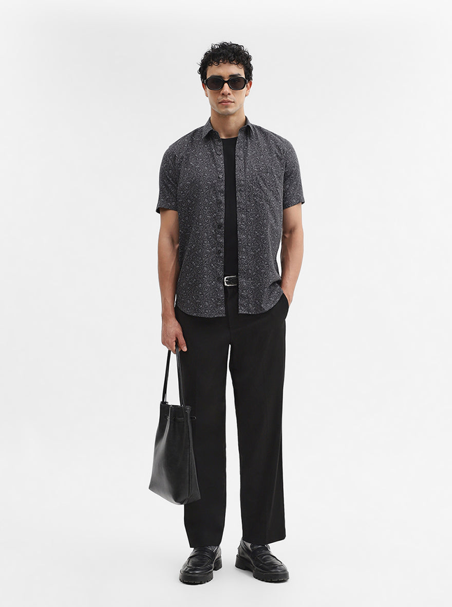 Dark Grey Printed Tailored Fit Semi Casual Shirt | JadeBlue