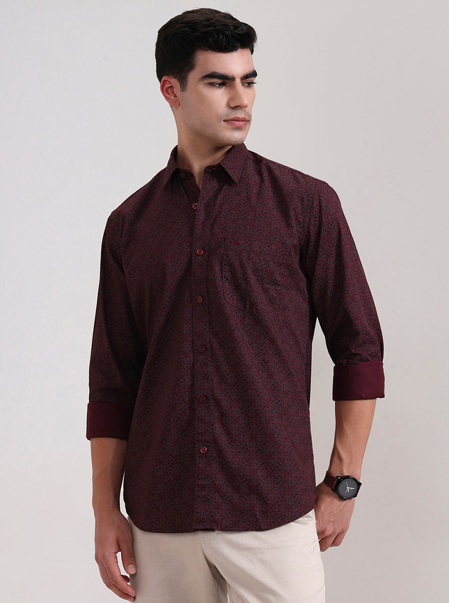 Maroon Printed Tailored Fit Semi Casual Shirt | JadeBlue