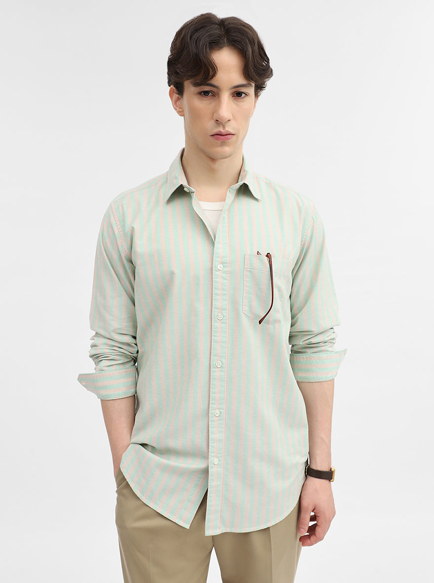 Green & Peach Striped Slim Fit Casual Shirt | JadeBlue