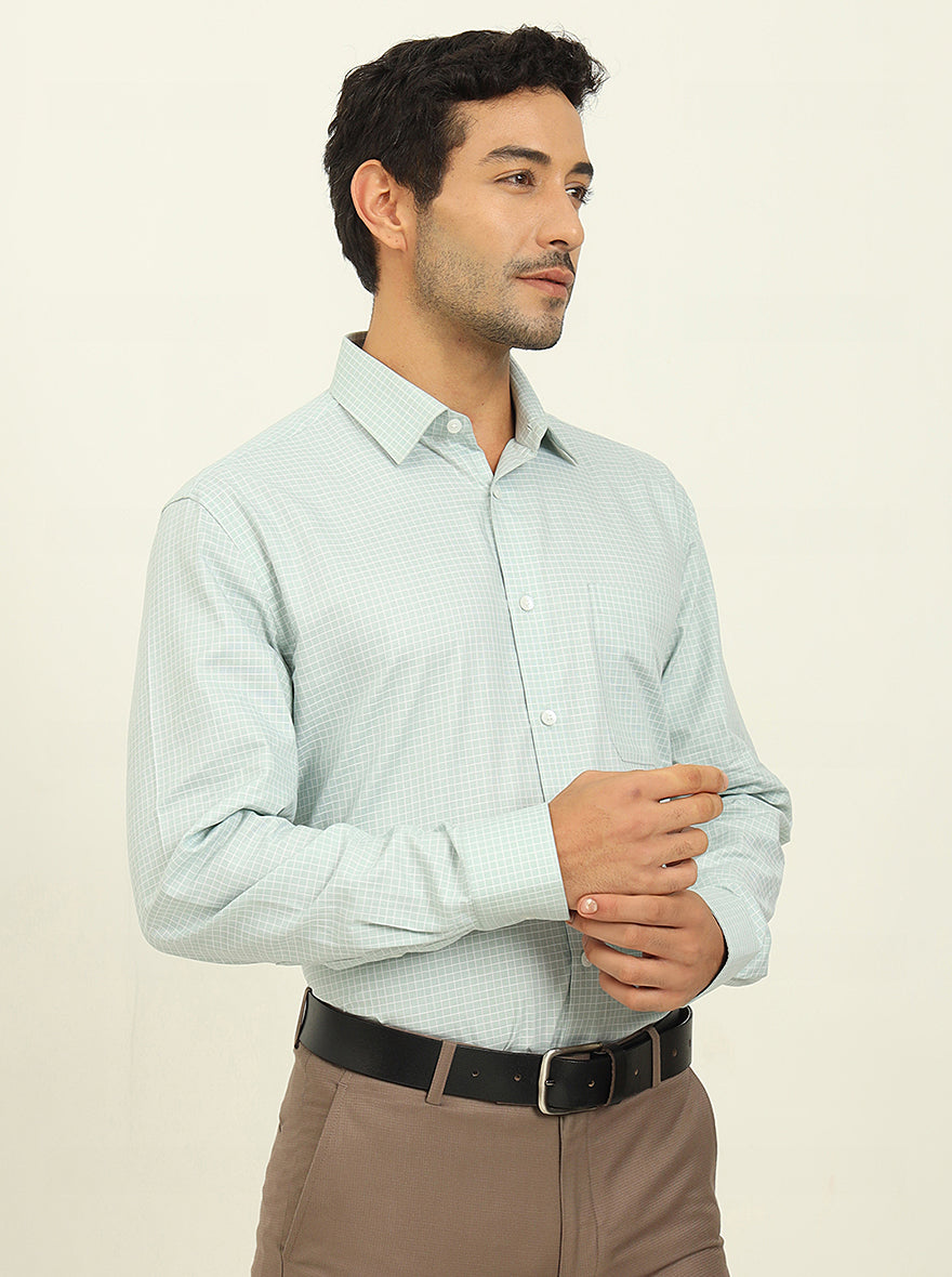 Light Blue & White Checked Regular Fit Formal Shirt | JadeBlue