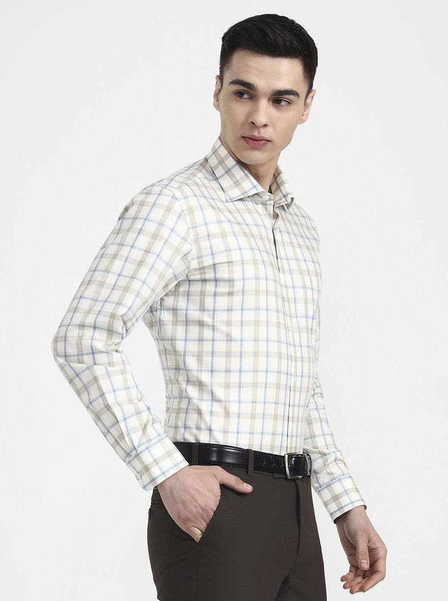 Cream & Blue Checked Slim Fit Formal Shirt | Metal